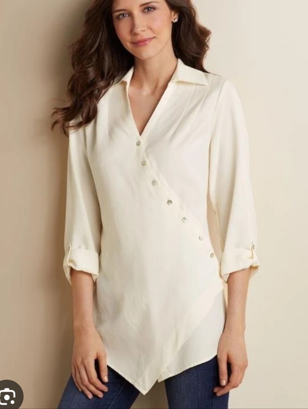 Soft Surroundings Washed Tencel Asymmetric Button Roll Tab Sleeve Tunic Top  2X